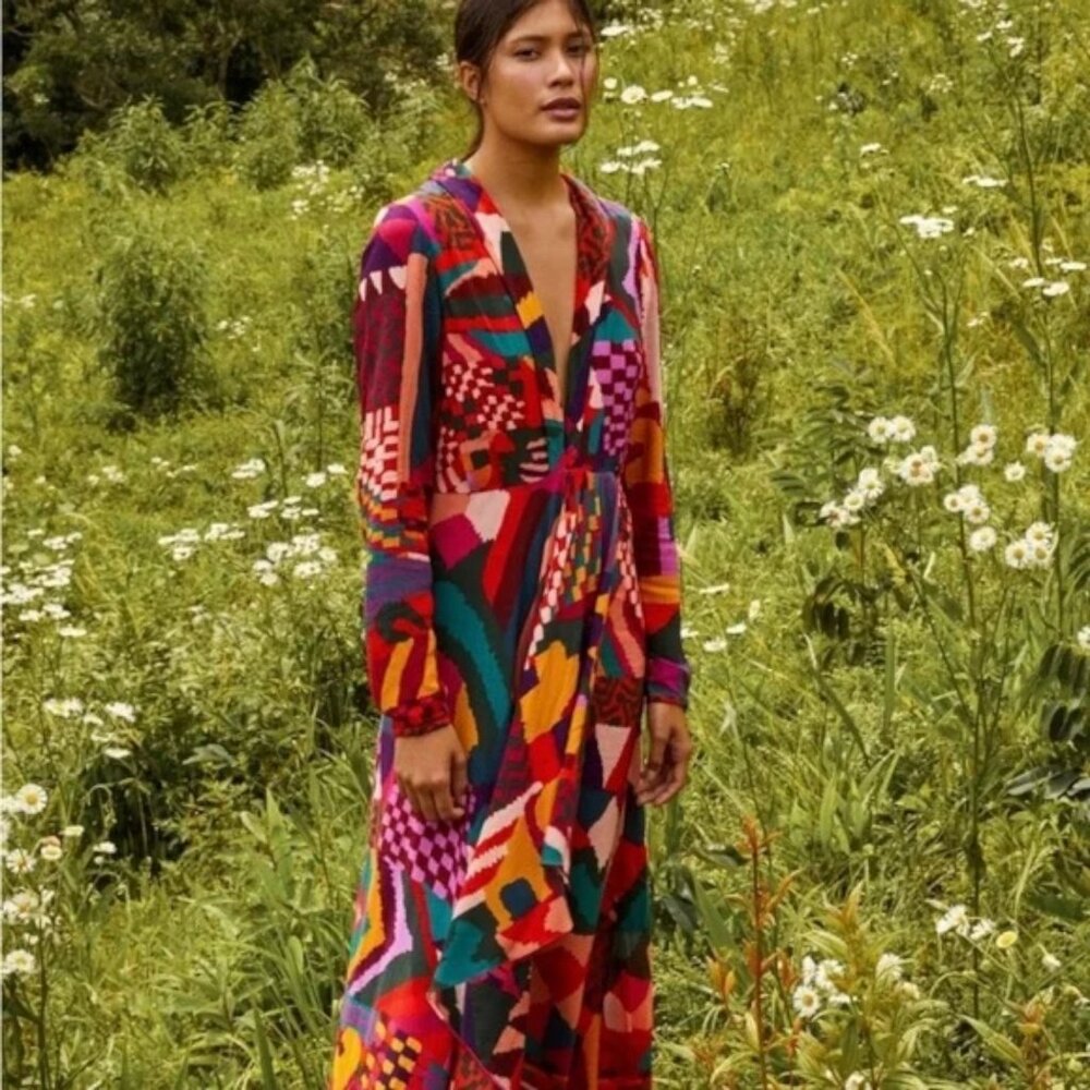 FARM RIO Anthropologie Dress Size XS Red Abstract Patches Long Sleeve Maxi NWT